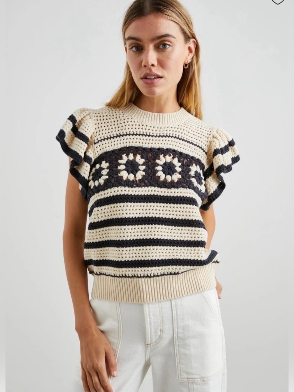 Anthropologie, Penelope Striped Crochet Knit Top, Cream/Navy, M - Picture 2 of 8